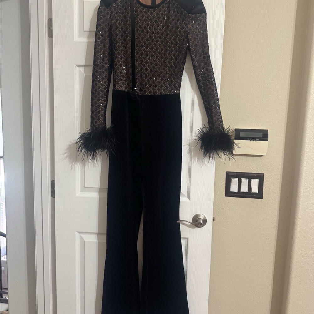 Nadine Merabi Monique Black Jumpsuit with Feather Accents